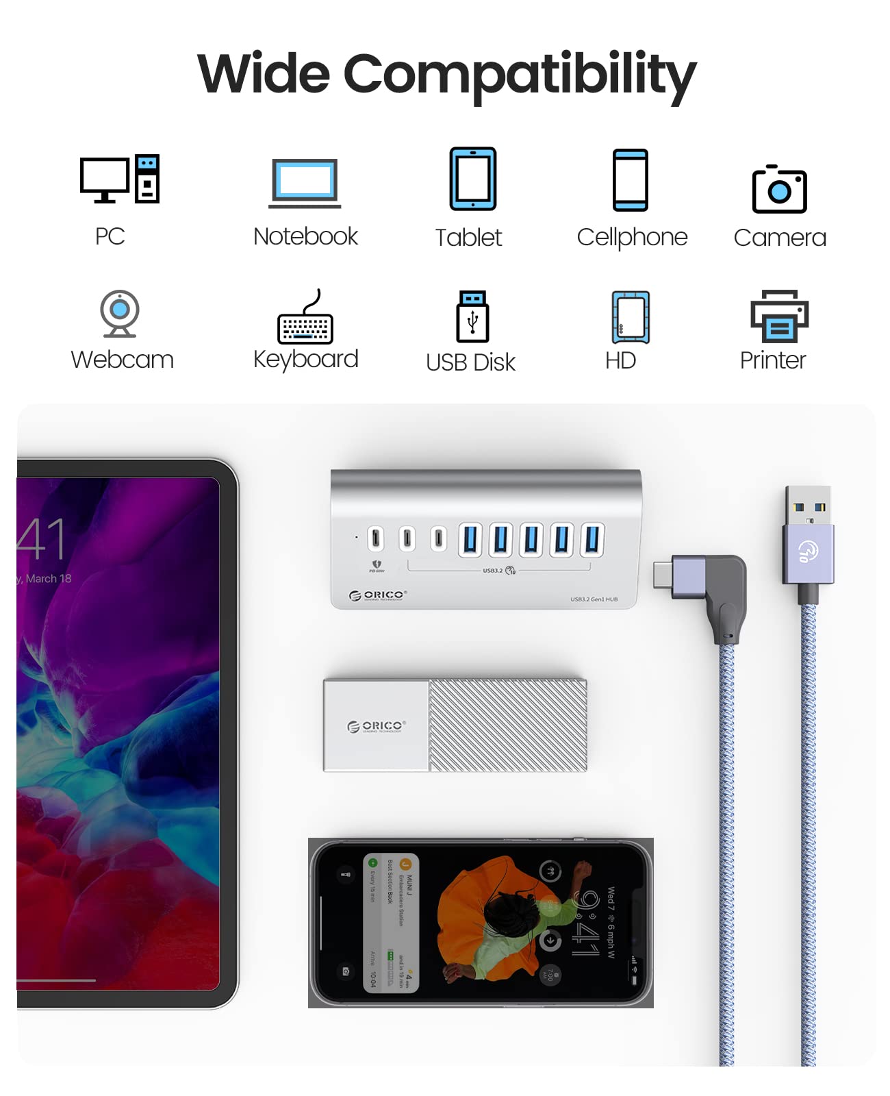 ORICO Hub USB C 3.2 Gen2 de 7 Puertos, Concentrador Alimentado 10Gbps con 4 USB-A, 2 USB-C, PD 60W, Divisor USB C de Aluminio con Cable 1.0m para Macbook, Macbook Pro