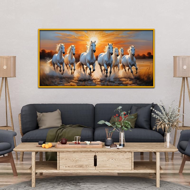 Image of Wall Melody Premium Design Seven Running Horses With Sunrise Canvas Wall Paintings Floating Frame Wall Paintings for Home and Office Decor Size : 24x48 Inches