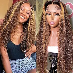 Highlight Ombre HD Transparent 13x4 Lace Front Wigs Human Hair 180% Density Honey Blonde 4/27 Deep Wave Lace Front Wigs for Black Women Frontal Curly Wig 22 Inch