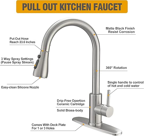 Miniatura 2 de BESy Grifo de cocina de latón de una sola manija con rociador extraíble, grifo de fregadero de cocina de arco alto para caravana con rociador