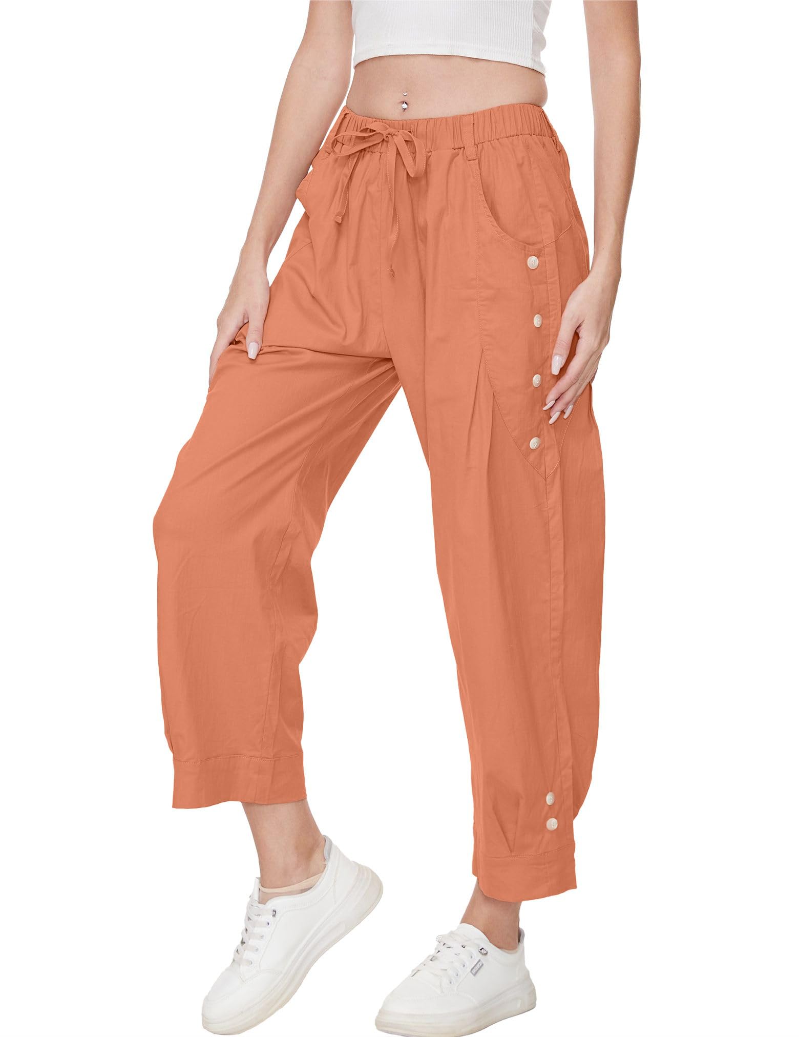 TBAWomen's Summer Capri Casual Cotton Pants Drawstring Elastic Waist Cropped Trousers with Pockets