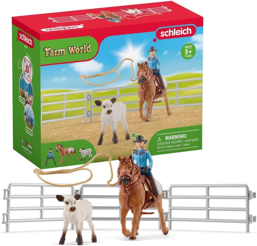 Schleich Farm World, Rodeo Toys for Kids, Team Roping with Cowboy, Cow, and Horse Toy, 11-Piece Set, Ages 3+