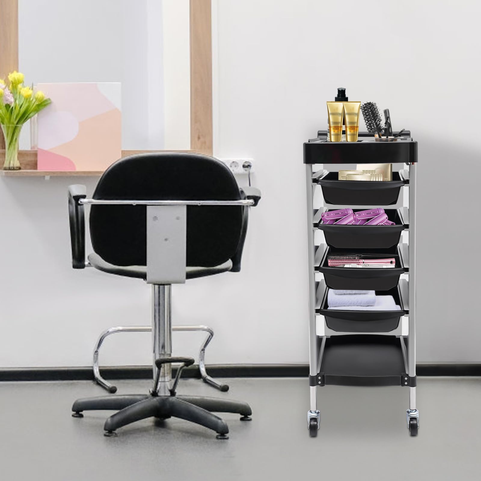 Salon, carrello a rotelle a 6 ripiani, professionale, da parrucchiere, con 5 cassetti e rotelle, pieghevole, per salone di bellezza, parrucchiere (bianco)
