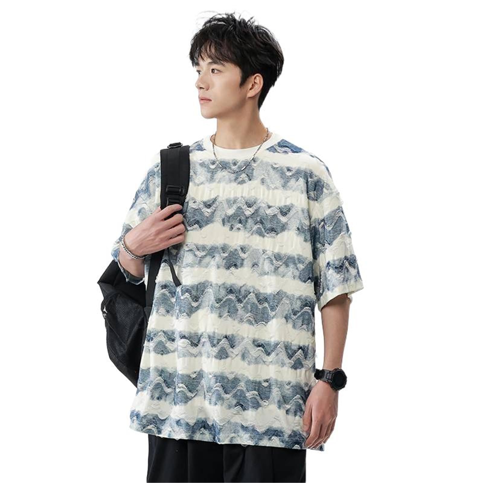 T-Shirt Uomo Estate Stile Coreano Righe Vintage Larga Manica Corta