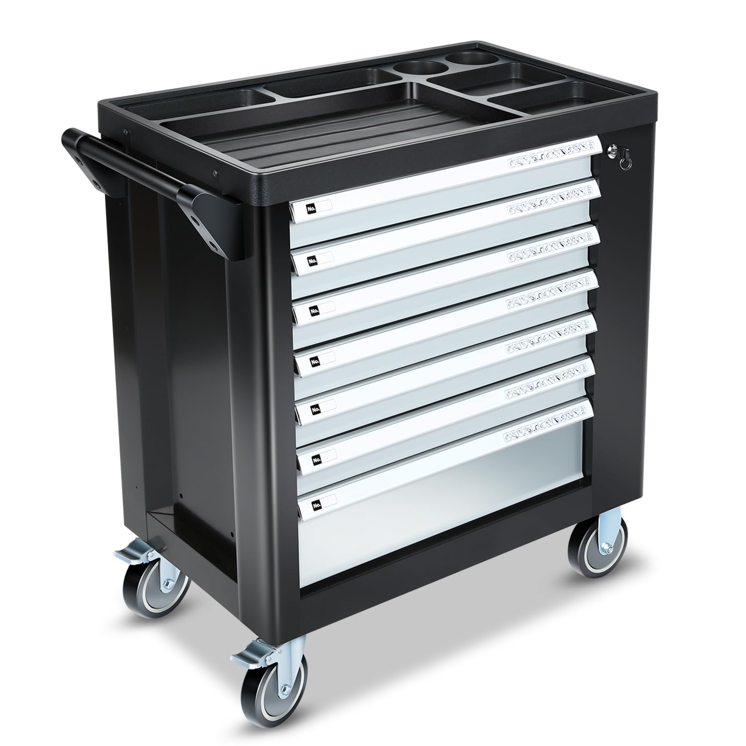 Auto Dynasty Universal Silver 7 Drawer Plastic Top Tray Powder-Coated Steel Roller Cabinet for Garage Warehouse Home Office Workshop Repair Tools