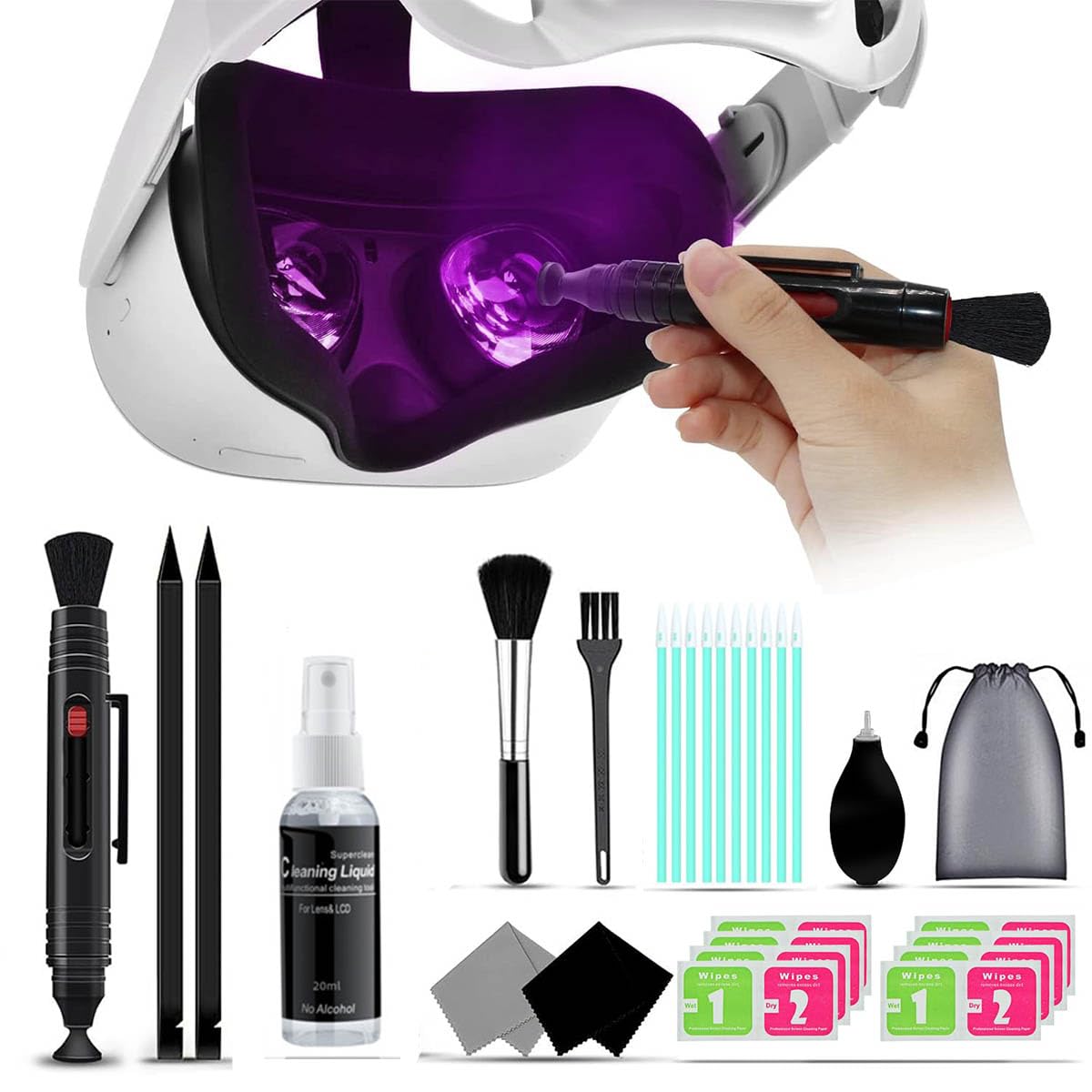 PretocterLens Cleaning Kit Compatible with Vision Pro, Portable Protect VR Headset Cleaning Case Vision Pro Accessories, Clean Brush for VR Facial Interface, Cameras, Phone Cleaning Pen Tool