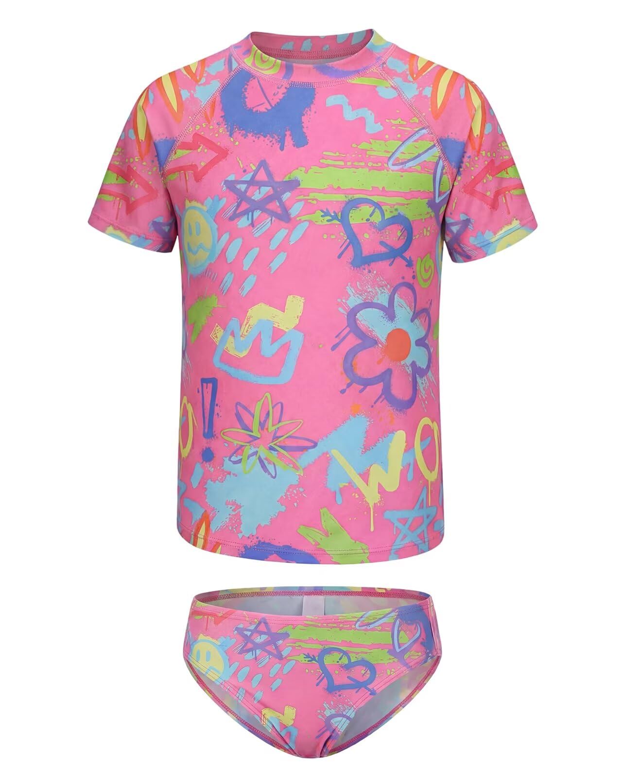 Girls Two Piece Rash Guard Swimsuits Set Short Sleeve Bathing Suit for Kids Hawaiian Swimwear Set 3-16 Years