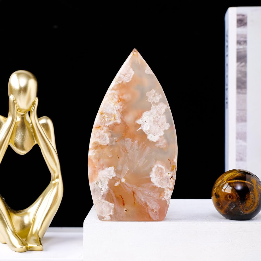 LVTFCO 1 pièce de Collection de Figurines en Pierre d'agate de Cerise Naturelle sculptée à la Main en Forme de Flamme, décoration d'intérieur, A, 200,300 g
