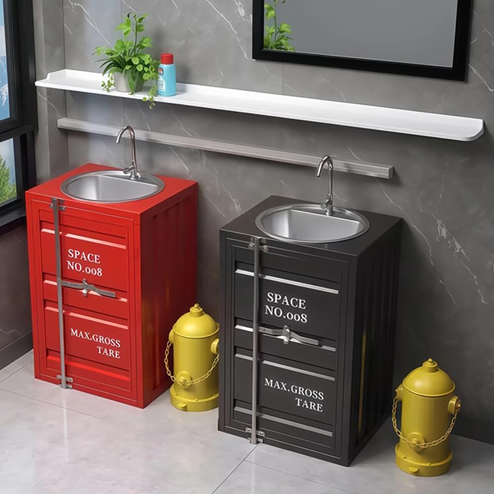 ZTGL Lavandino A Colonna Retro in Ferro Battuto, Lavabo da Appoggio con Lavabo in Acciaio Inox, Integrato Lavello Bagno Combinazione con Rubinetto E Tubo di Scarico,Nero,Without Mirror