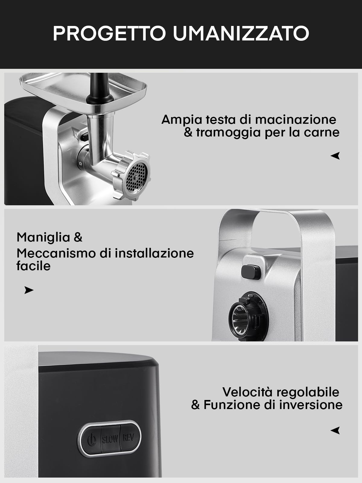 Tritacarne Elettrico Professionale, 2800W Max Potenza di Bloccaggio, HOUSNAT 5 in1 Tritacarne Elettrico, 3 Piastre di Macinazione in Acciaio Inox, perCarne, Salsiccia, Kebbe, Verdure, Salse, Nero