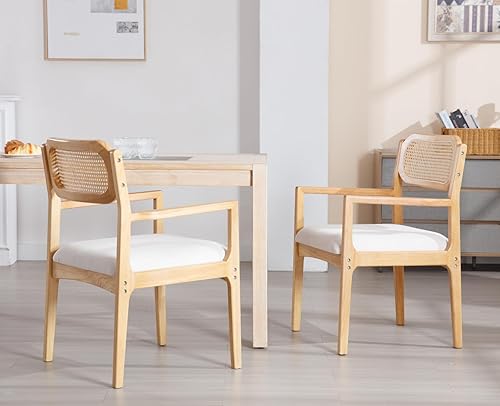 Miniatura 3 de EALSON Juego de 2 sillas de comedor de ratán con brazos, sillas de comedor de mediados de siglo con patas de madera natural, sillas de cocina