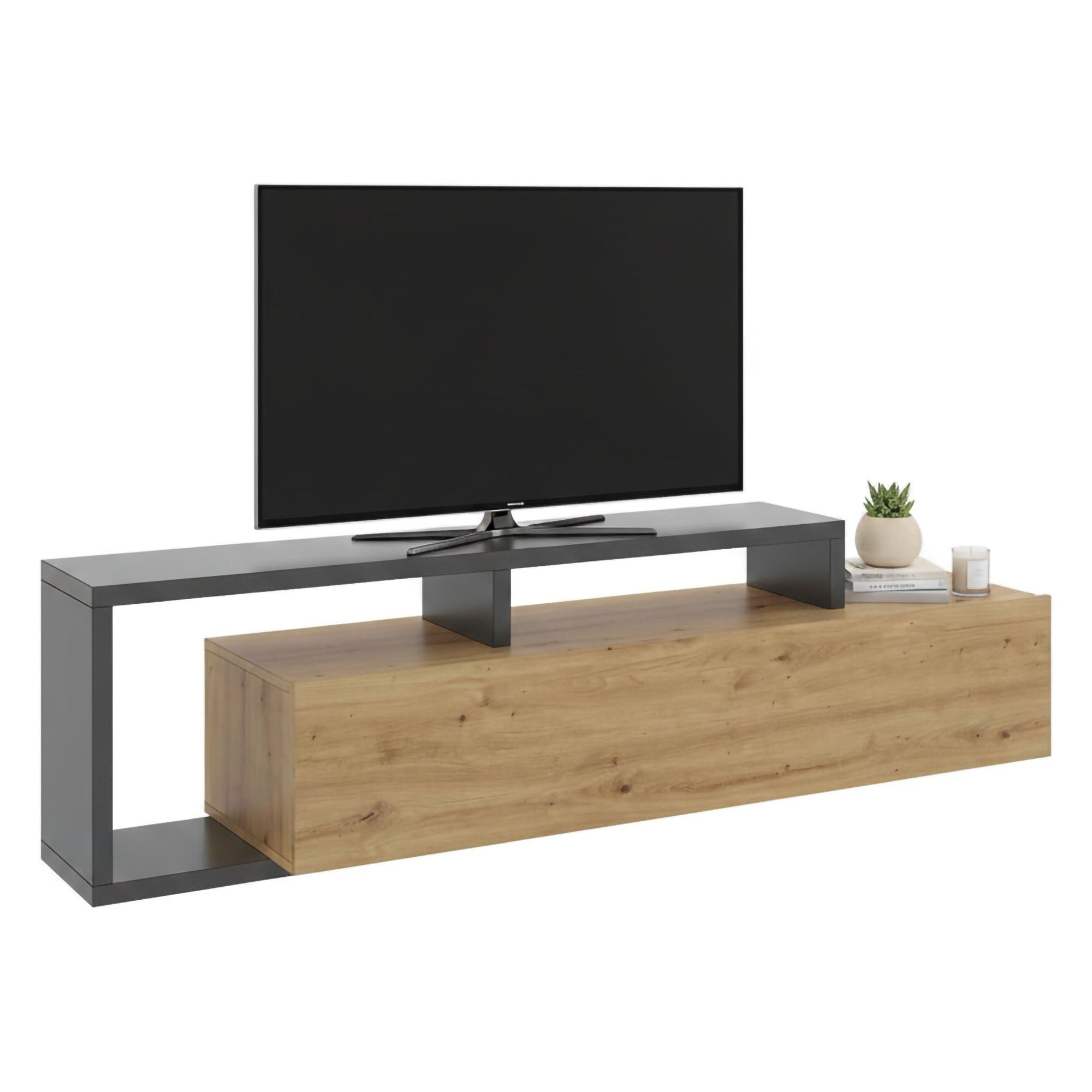 Dmora - Mobile porta TV Maiella, Credenza bassa da soggiorno, Madia da salotto per televisione, 165x40h47 cm, Rovere Nodi e Antracite