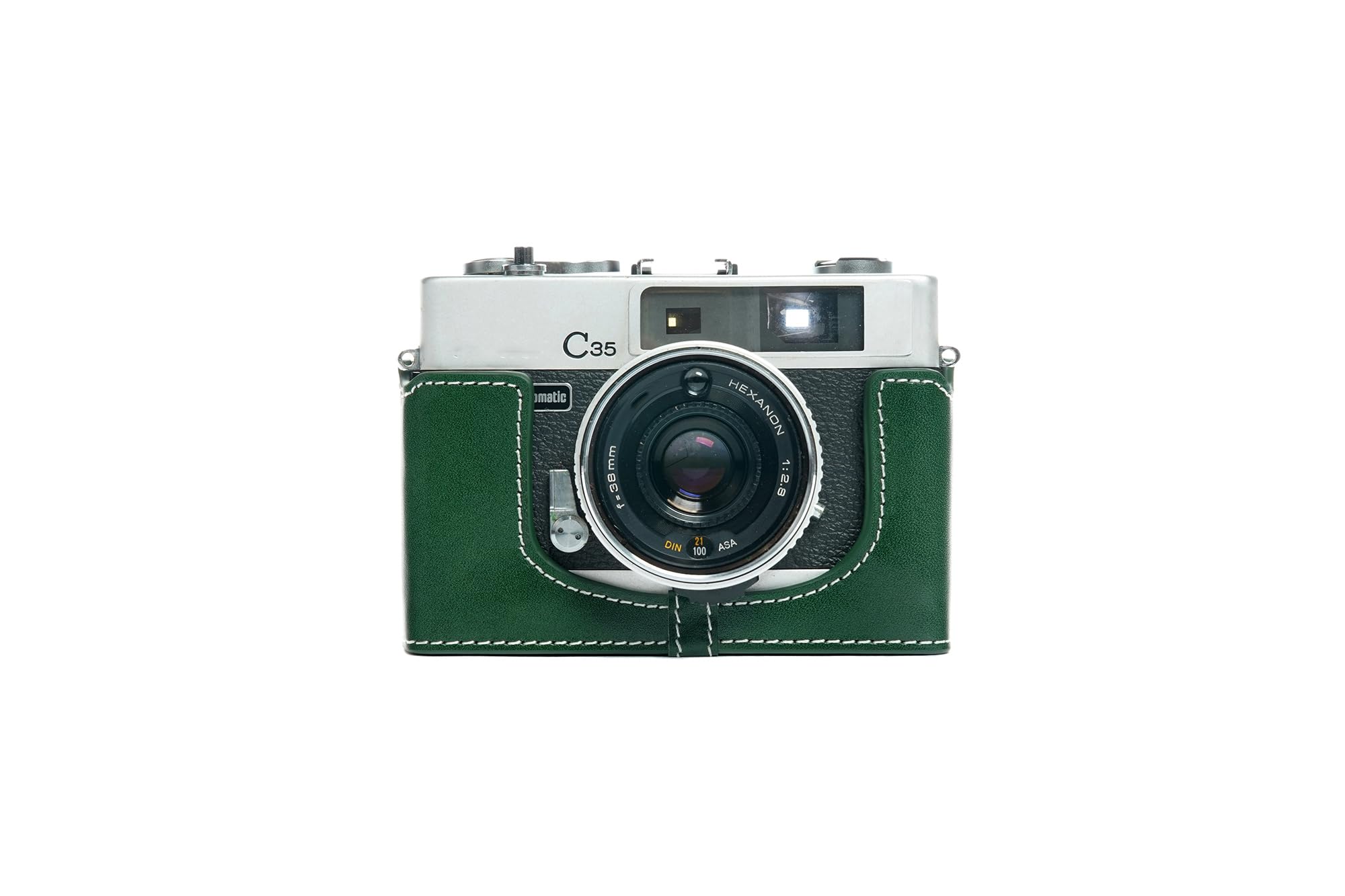 Housse caméra Konica C35 en cuir vert pour photo de rue