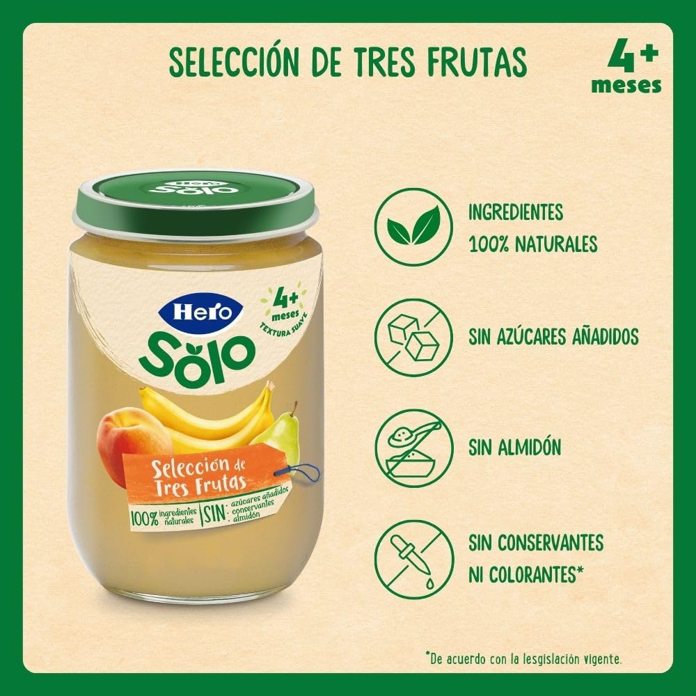 Hero Baby - Tarritos de Selección de 3 Frutas, Melocotón, Platano y Pera, Sin Almidón, Sin Azúcar Añadido, Ingredientes 100% Naturales, para Bebés de +4 meses, Pack de 12x190g