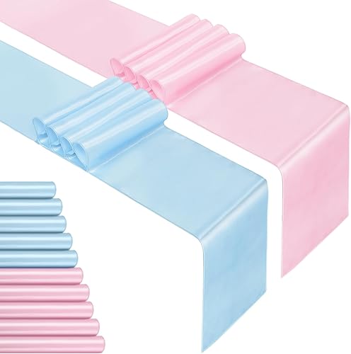 Miniatura 8 de 12 caminos de mesa rosa y azul, camino de mesa de satén de 108 pulgadas para baby shower, revelación de género, camino de mesa de satén de seda azul