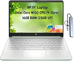 HP Laptop estudantil portátil 14 fino 2025, HD de 14 polegadas, Intel N150 de 4 núcleos, 16 GB de RAM, 256 GB de armazenamento (128 GB UFS + 128 GB microSD), 1 ano de escritório 365, Wi-Fi 6, HDMI