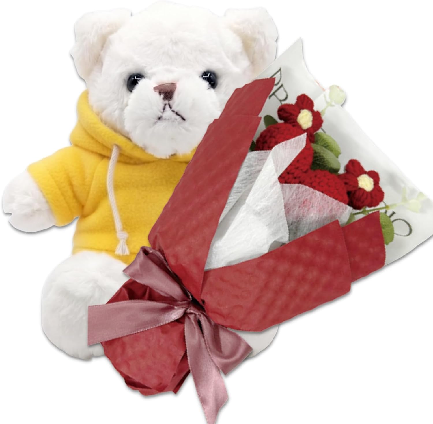 Q-FLA, and3 895876 Artificial Flower Gift, Summer Knit Bouquet, RD, Soft Bear WH, Hoodie, Black, Bouquet, Present, Sewing Clothing