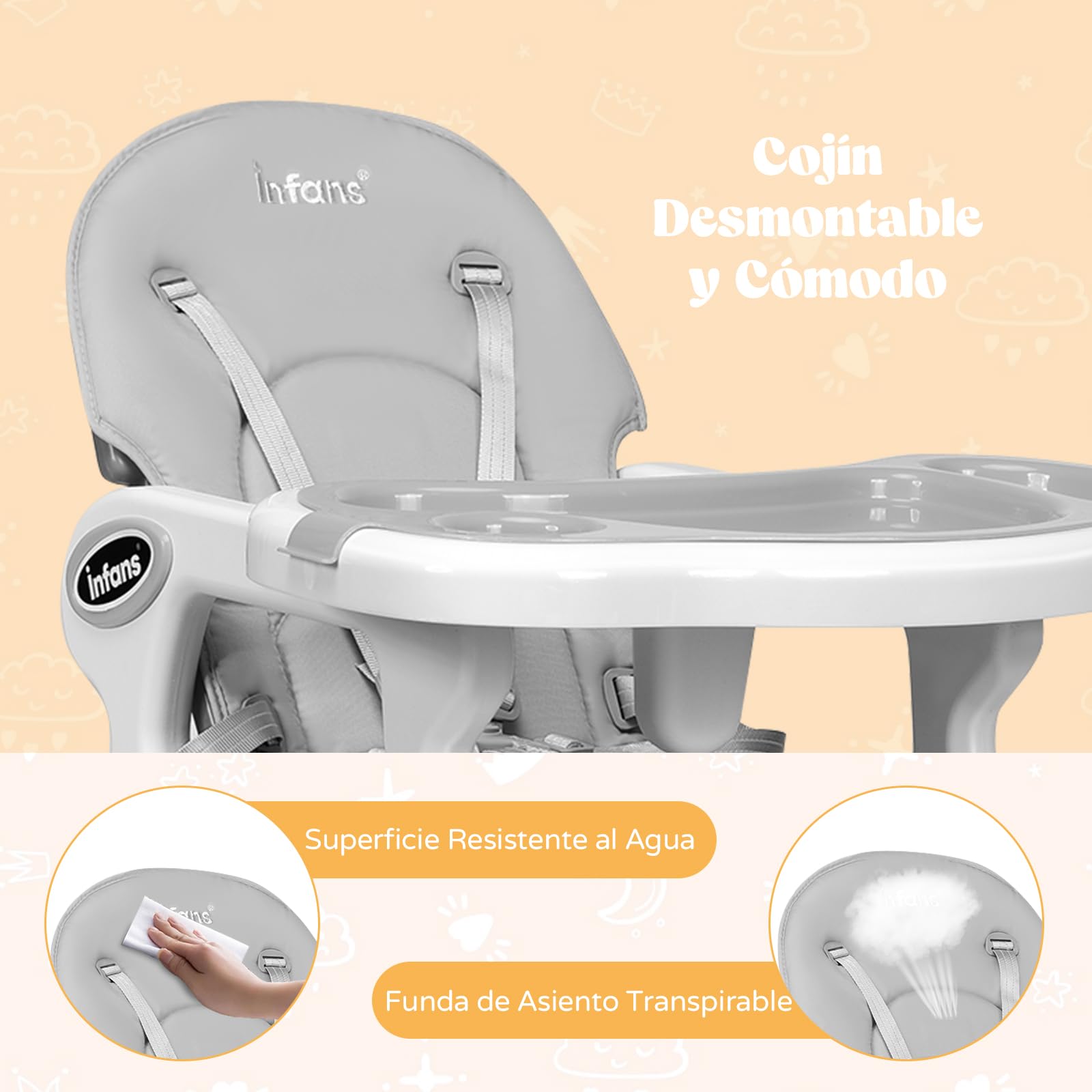 RELAX4LIFE 5 en 1 Trona Evolutiva Bebe con 4 Ruedas Bloqueables, Doble Bandeja Extraíble, Respaldo Ajustable y Cinturón de Seguridad, Trona Portátil para Niños de 6-36 Meses, Carga 20kg (Gris)