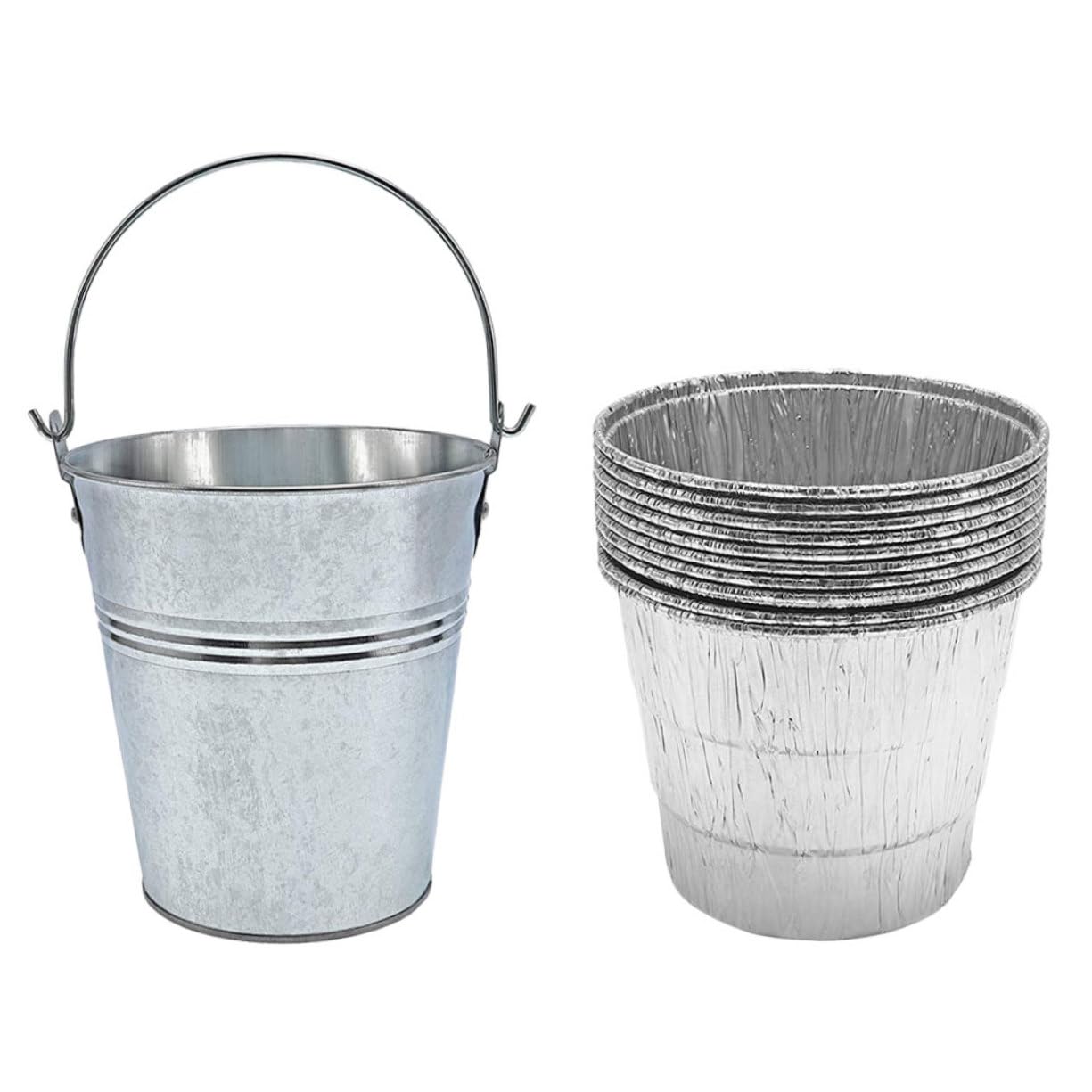 Secchio Grasso Barbecue in Ferro Argento con 10 Pezzi | Cattura Colature di Olio, Leggero e Portatile, per Festa in Casa e Uso All'aperto