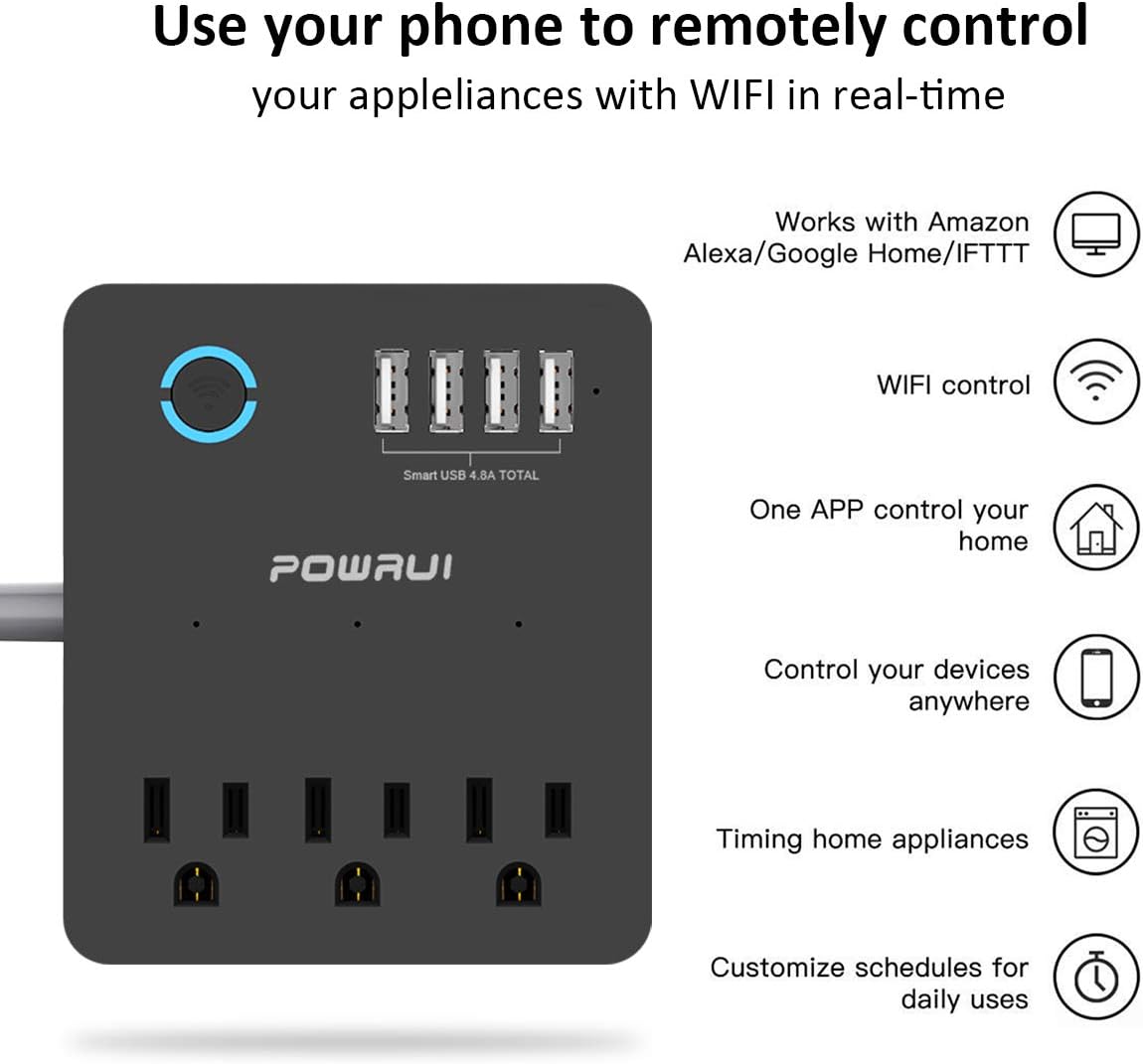 Image showing a smartphone screen with the Smart Life app interface, demonstrating remote control features for the power strip.