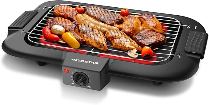 Aigostar Tasty - Grill sin humo, plancha de asar, barbacoa eléctrica para interiores, 2000W, tamaño compacto, uso con agua: evita manchas y humo, bandeja recoge grasa, termostato.