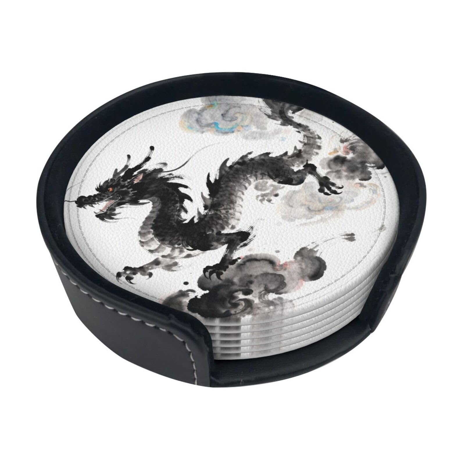Ink Dragon Pattern Leather Coasters-Set of 6 with Storage Holder