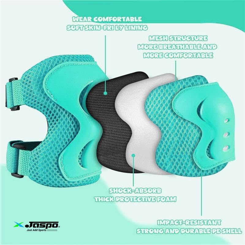 Image of Jaspo Secure Hybrid Protective Gear Set - Knee, Elbow, and Wrist Guards with HDPE Shell, Polyester Mesh, EVA Foam & Soft PU Cushioning for Skating, Cycling