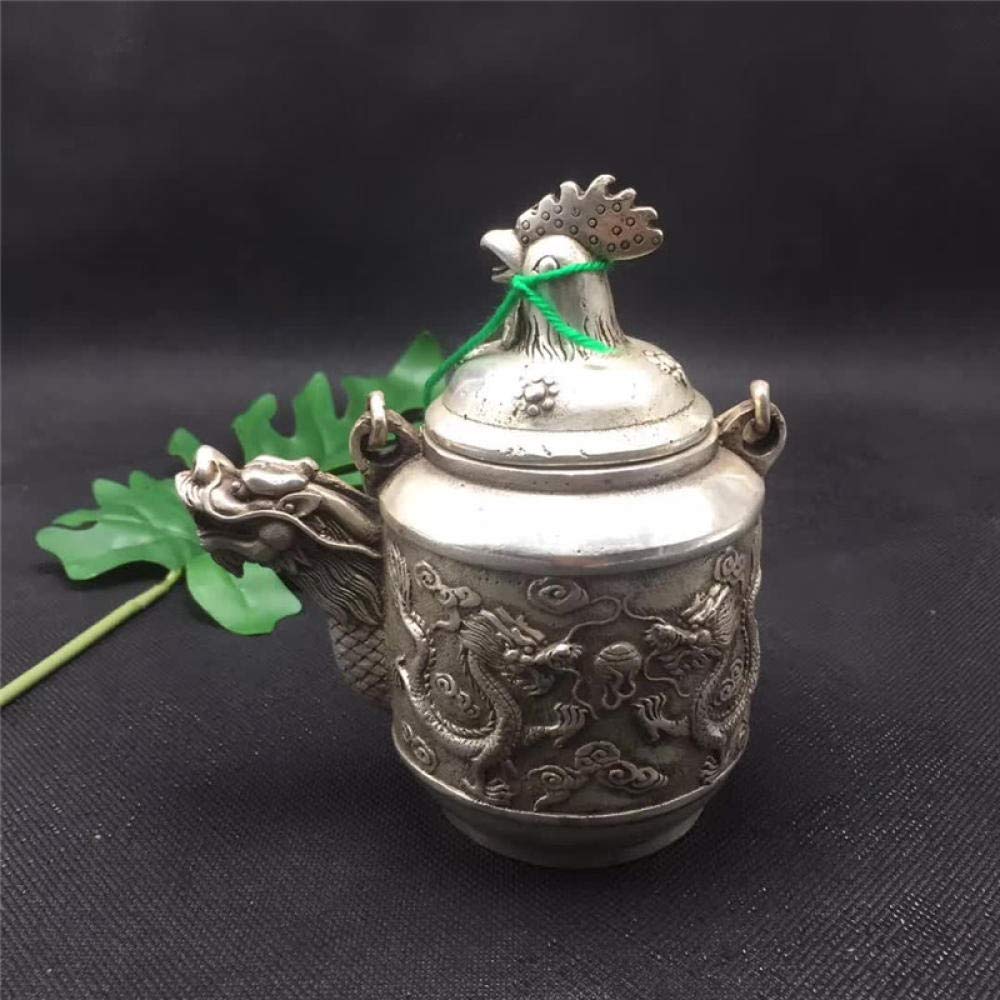 Théière Dragon en Argent Tibétain pour Décoration Fengshui