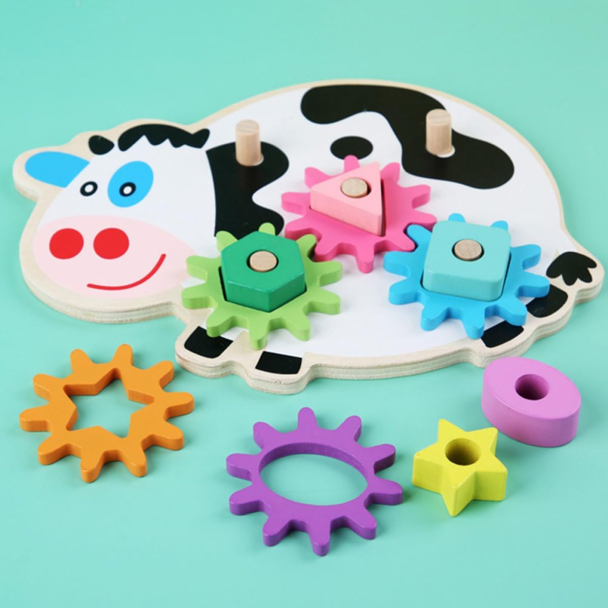 MERRYHAPY Wooden Cow Shape Gear Turning for Babies, Educational Building for Cognitive and Shape Recognition Training, Birthday Gift