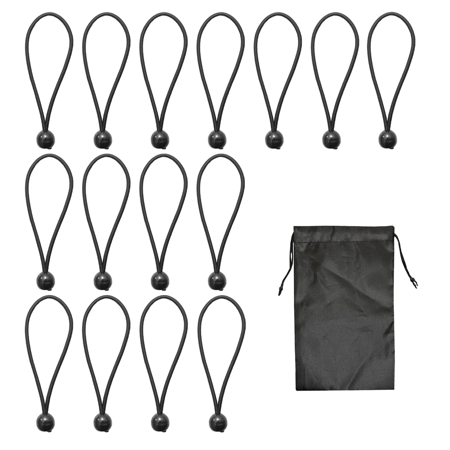 15 PCS Bungee Balls with 1 Drawstring Bag, Tent Elastic Loops, Bungee Ball Knots, Elastic Band Bungee Balls, Tent Flag Pole Bungee Balls, Black Oilcloth Bungee Balls（15cm）