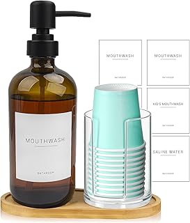 500ml/16.91 Oz Mouthwash Amber Glass Pump Dispenser for Bathroom with Disposable Mouthwash Cups Holder,Refillable Clear Mouthwash Container with Bamboo Tray,Mouthwash Labels