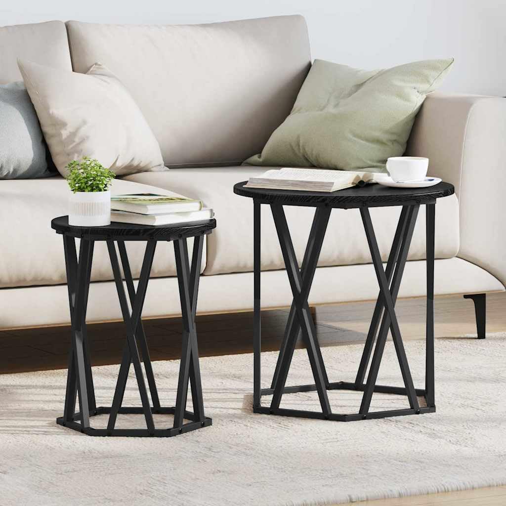 Juego de 2 mesas auxiliares de madera de roble negro, hexagonales, modernas, para salón, con diseño duradero