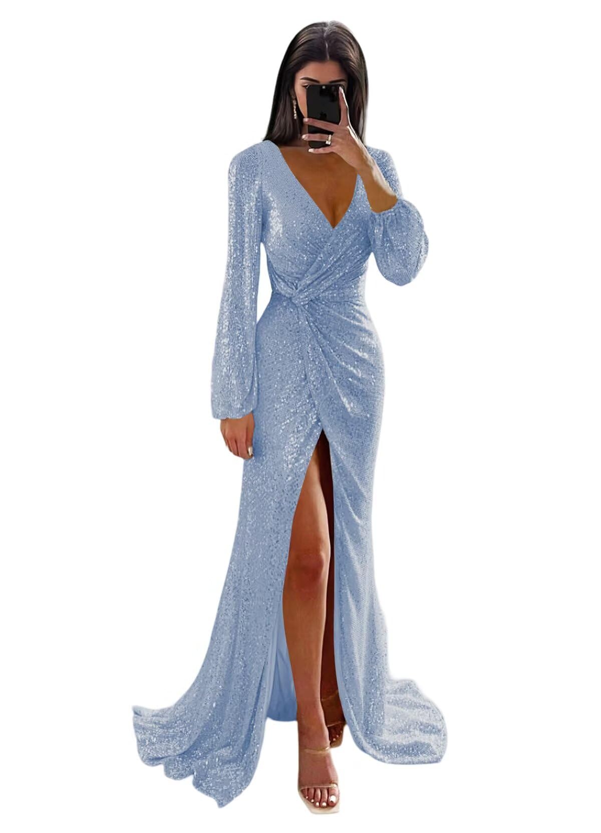 Monvelli Long Sleeve Sequin Prom Dress 2026 Mermaid V Neck Pleats Formal Evening Gowns with Slit