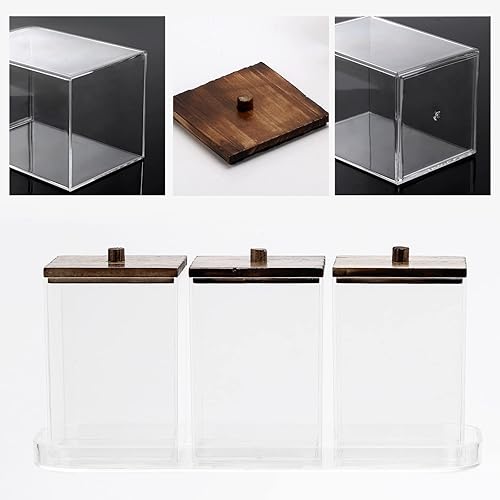 Miniatura 3 de Tbestmax Qtip Apothecary - Soporte para hisopo de algodón, 12 onzas, recipiente de baño transparente para almacenamiento, 4 tapas de madera negra