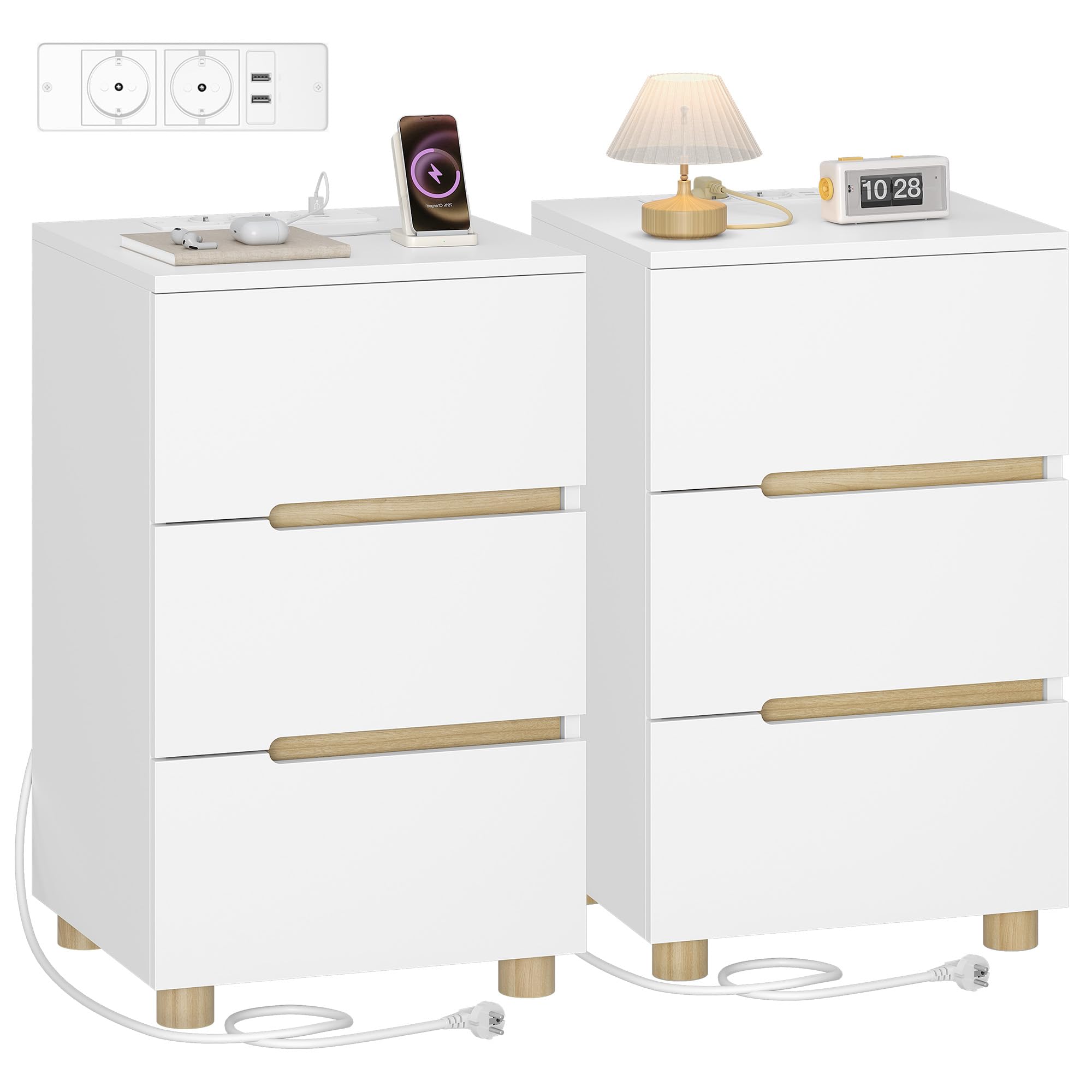 Hzuaneri Juego de 2 Mesilla de Noche, con 3 Cajones, Estación de Carga (2 Tomas AC, 2 Puertos USB), Estilo Minimalista Moderno, para Dormitorio, Salón, 35 x 40 x 65 cm, Blanco NS33403XEU
