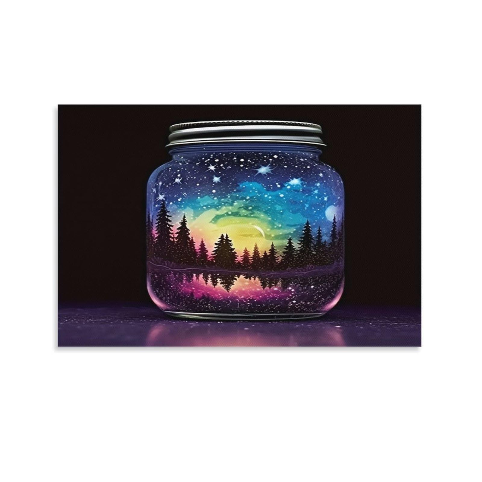 CPLVKWRQJ Starry Night Jar 1 Piece Glass Jar Holds Glowing Forest Aurora Scene Framed Canvas Print - Living Room Focal Point Ready to Hang Gallery Wall Decor 24x36inch(60x90cm)