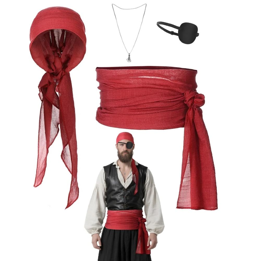 XGOPTS Pirate Costume Accessories Set for Women Men, 4Pcs Pirate Bandana Sash Belt Eye Patch Skull Necklace Fancy Dress Medieval Costume Accessories for Halloween Party Cosplay Festival