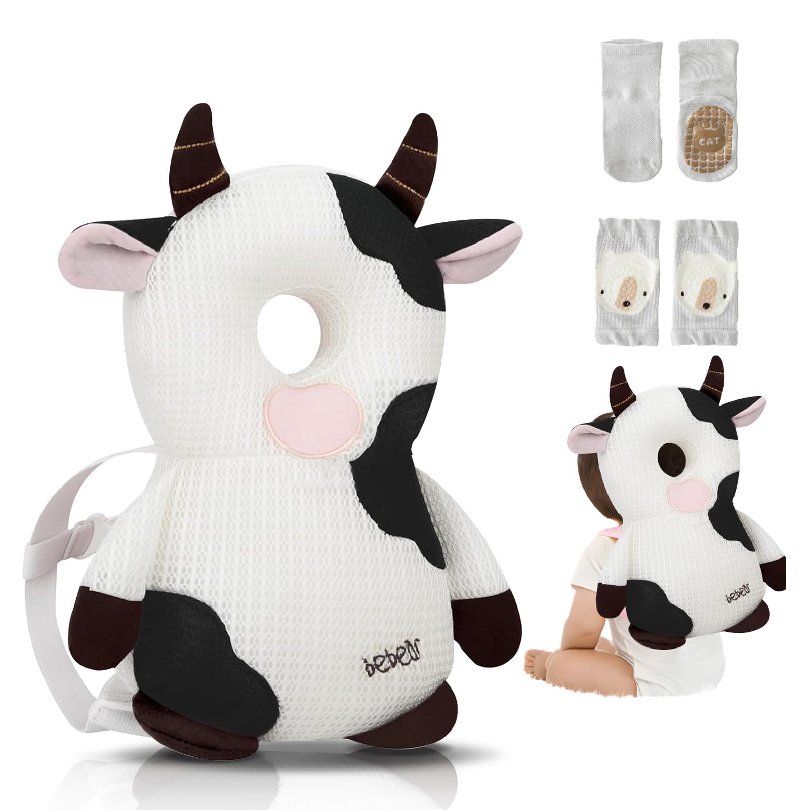 WKC Baby Head Protector Backpack with Knee Pads & Non-Slip Socks, Toddler Safety for Crawling & Walking (Style 7)