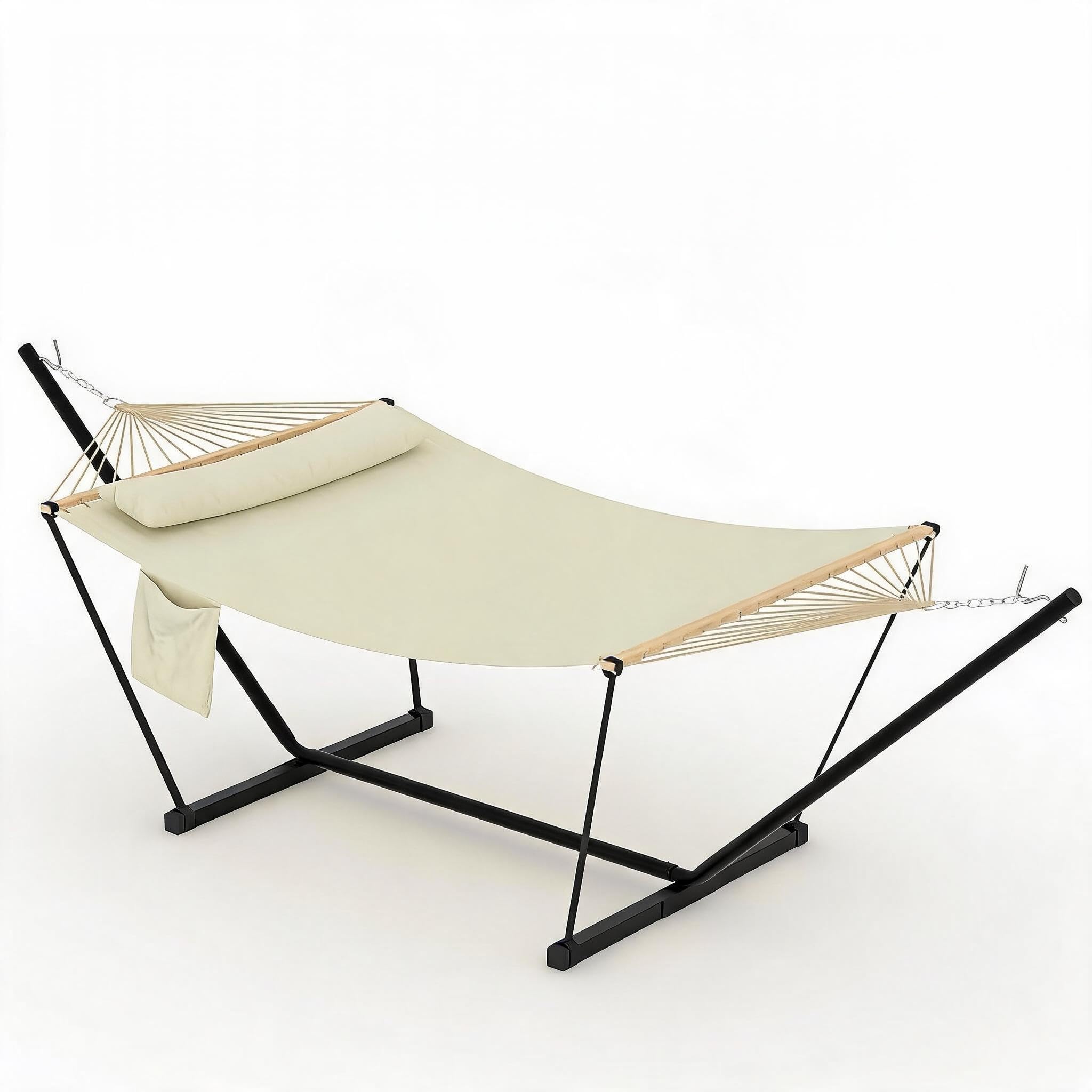 GarveeLife Double Hammock for 2 People – 3.6m Large Garden Swing Bed with Wooden Spreader Bar, Detachable Pillow, Chains & t-Shaped Bracket, 204kg Capacity – Outdoor Beige