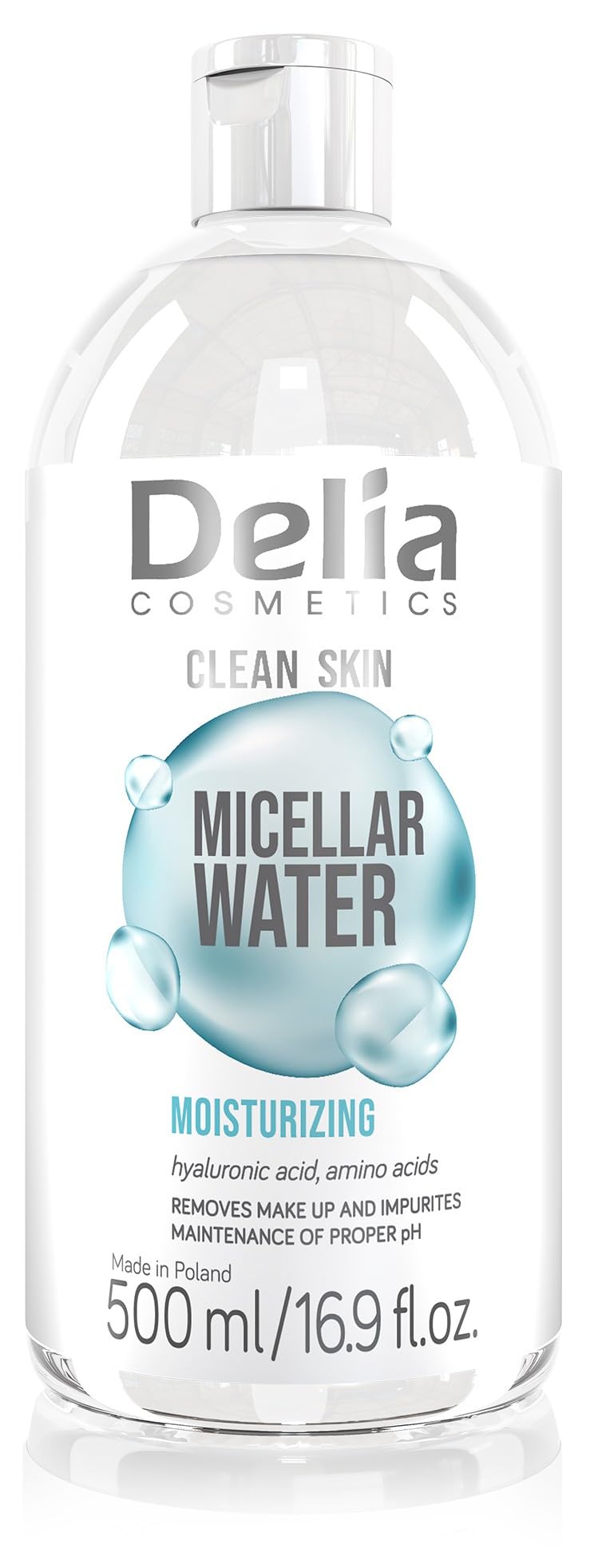 Delia Cosmetics – Clean Skin – Moisturizing Micellar Water for Face – Daily Makeup Removal – Effectively Removes Makeup and Impurities – Hyaluronic Acid, Amino Acids – 500ml