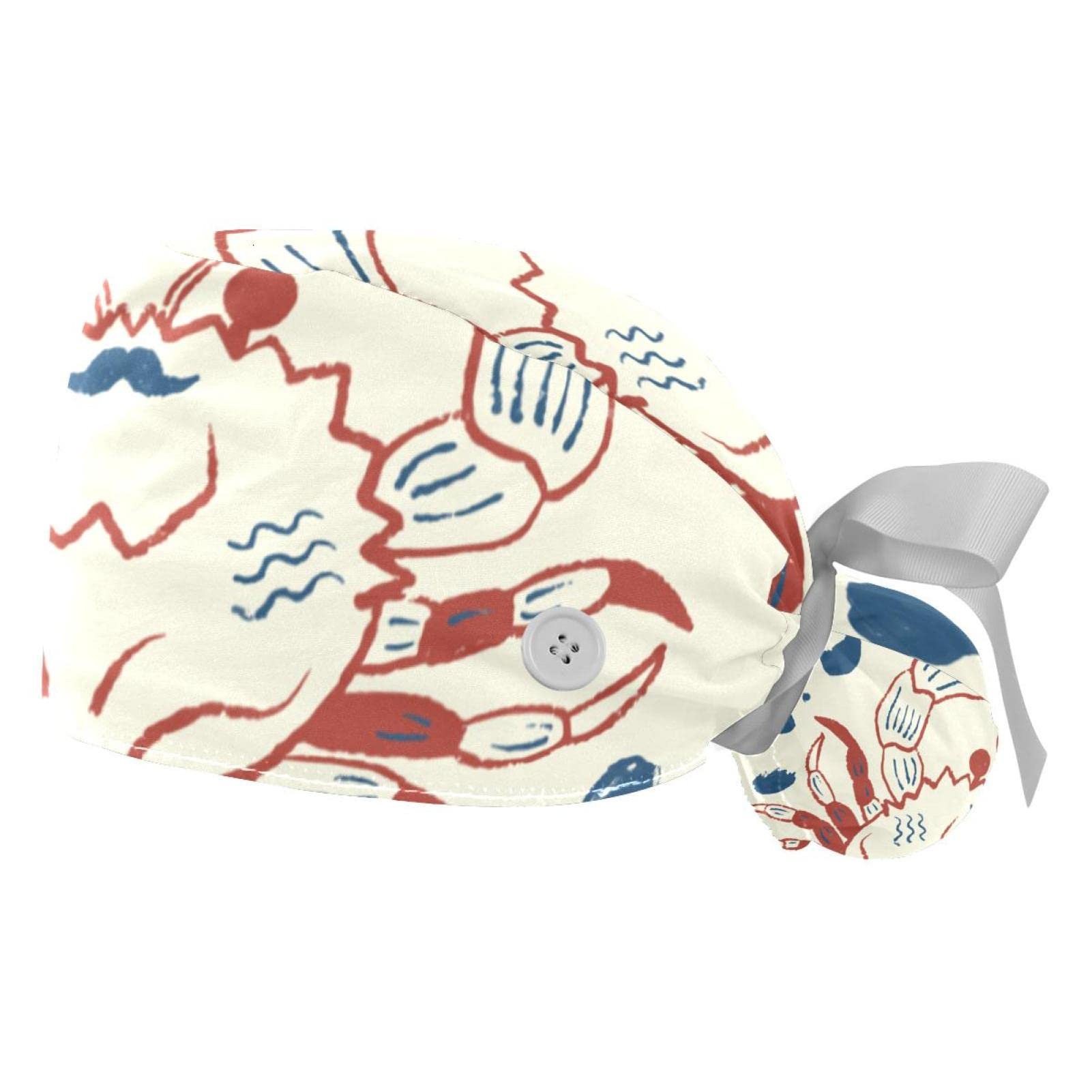 DHH166 Unisex 2 Psc Scrub Caps Surgical Women with Buttons Sweatband Surgical Caps for Women, Sea Creature