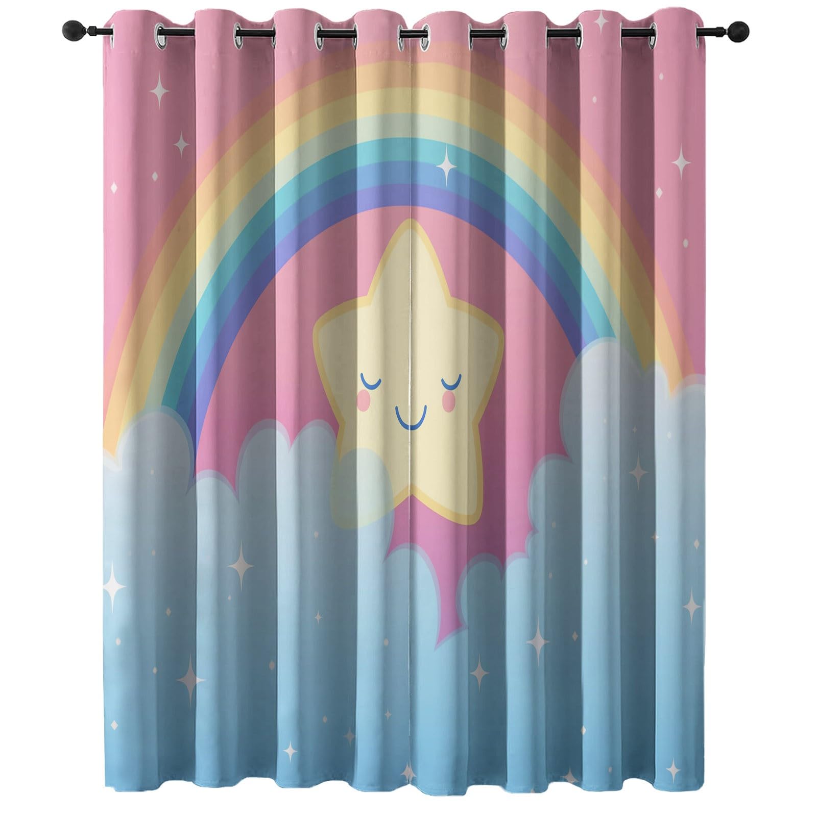 Śliczne nieprzezroczyste zasłony z kreskówek chmury gwiazdki - 140 L x 260 H cm (2 panele) zasłona 100% blokada światła termoizolacyjne zasłony z oczkami, różowo-niebieskie zasłony do salonu sypialni