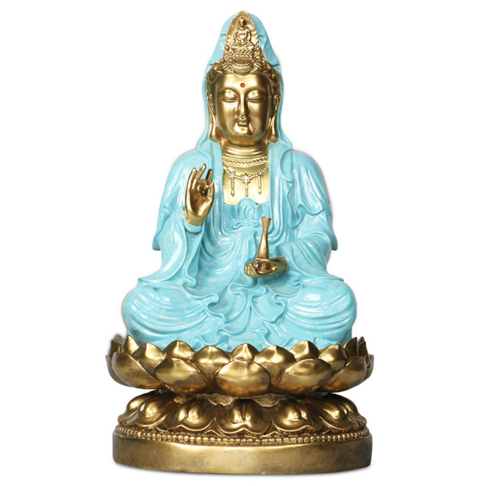 AAZX Statue Figurine Meditating Quan Yin Sitting on A Lotus Blossom Sculpture Ornament, Kwan Yin dess of Mercy And Compion Home Decoration,Blue