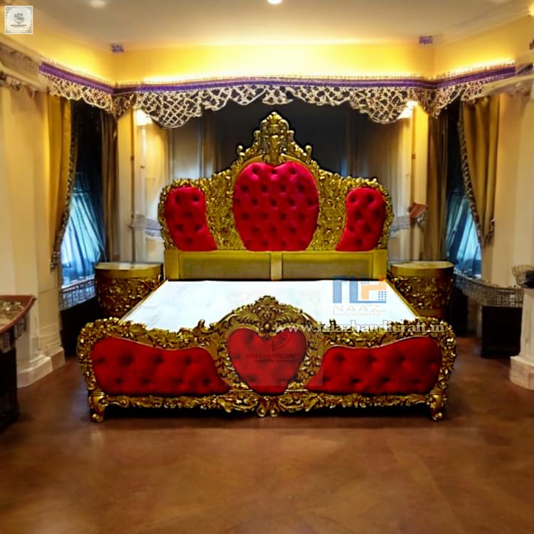 NAAZ HANDICRAFT Queen Size Teak Wood Bed with 2 Matching Side Tables – Hand-Carved Design, Luxurious Upholstered Cushioning in White, White Wooden Panels (Maroon,Golden)