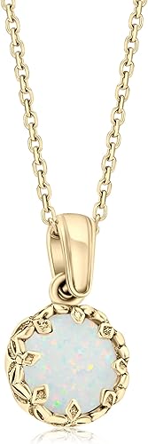 White Opal Pendant Necklace for Women in 14k Yellow Gold Plated on 925 Sterling Silver - October Birthstone 8mm Round Cut Gemstone - Vintage
