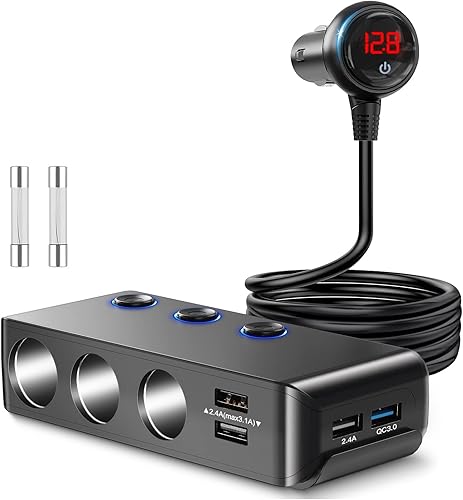 Adaptador de encendedor de cigarrillos de carga rápida 3.0, 120 W, 12 V24 V, divisor de alimentación de 3 enchufes, salida de CC con 8.5 A, 4