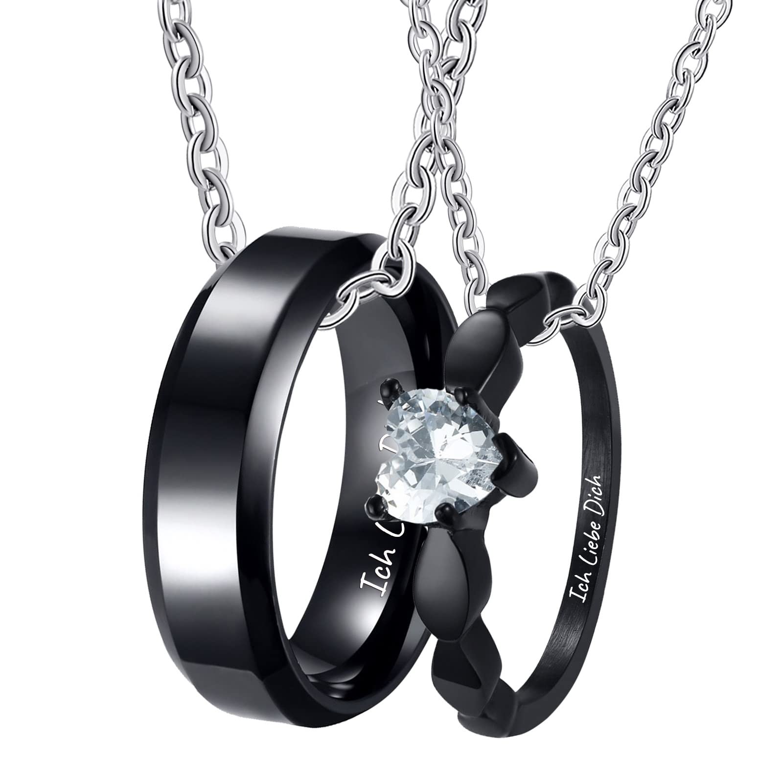 Partnerketten mit Gravur aus Edelstahl mit Gravur „Ich Liebe Dich“, Herz Partnerketten Wunschtext 2 Stück mit Ringen Anhänger mit Zirkonia weiß, schwarz, Breite 6 mm, Länge