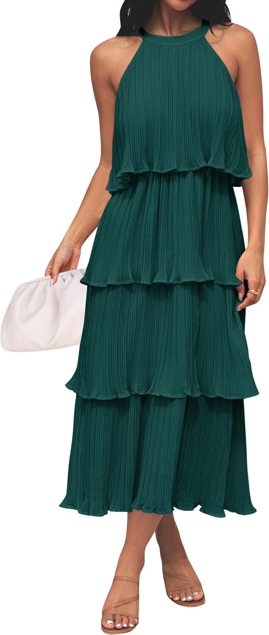 Women's 2026 Summer Sleeveless Halter Neck Ruffle Tiered Layed Chiffon Flowy Swing Long Midi Dress