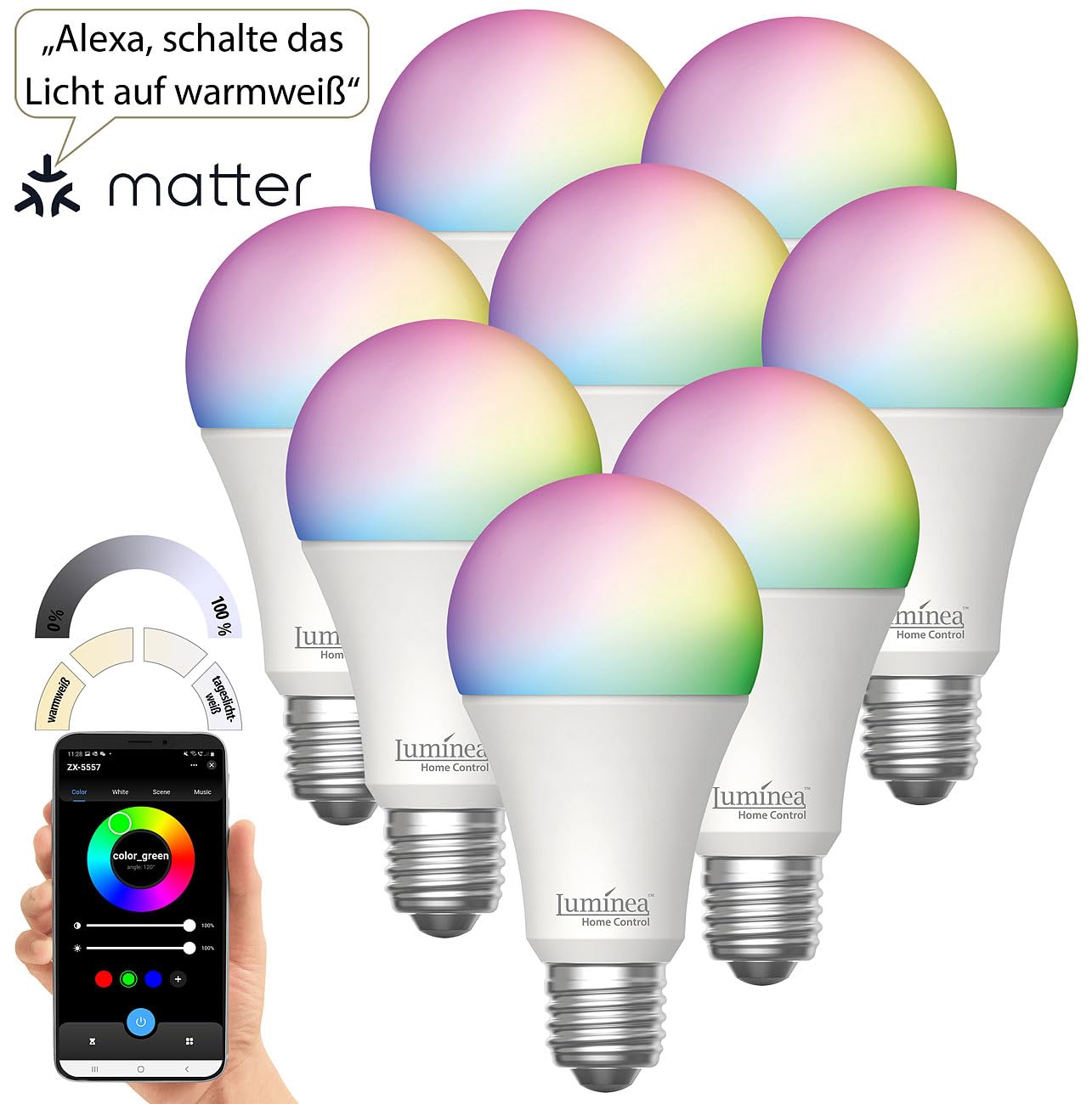 Luminea Home Control Glühbirne Farbe: 8er-Set WLAN-LED-Lampen, E27, Matter-kompatibel, RGB, CCT, 806 Lumen (LED-Glühbirne E27 kaltweiß, warmweiß WiFi, Leuchte)