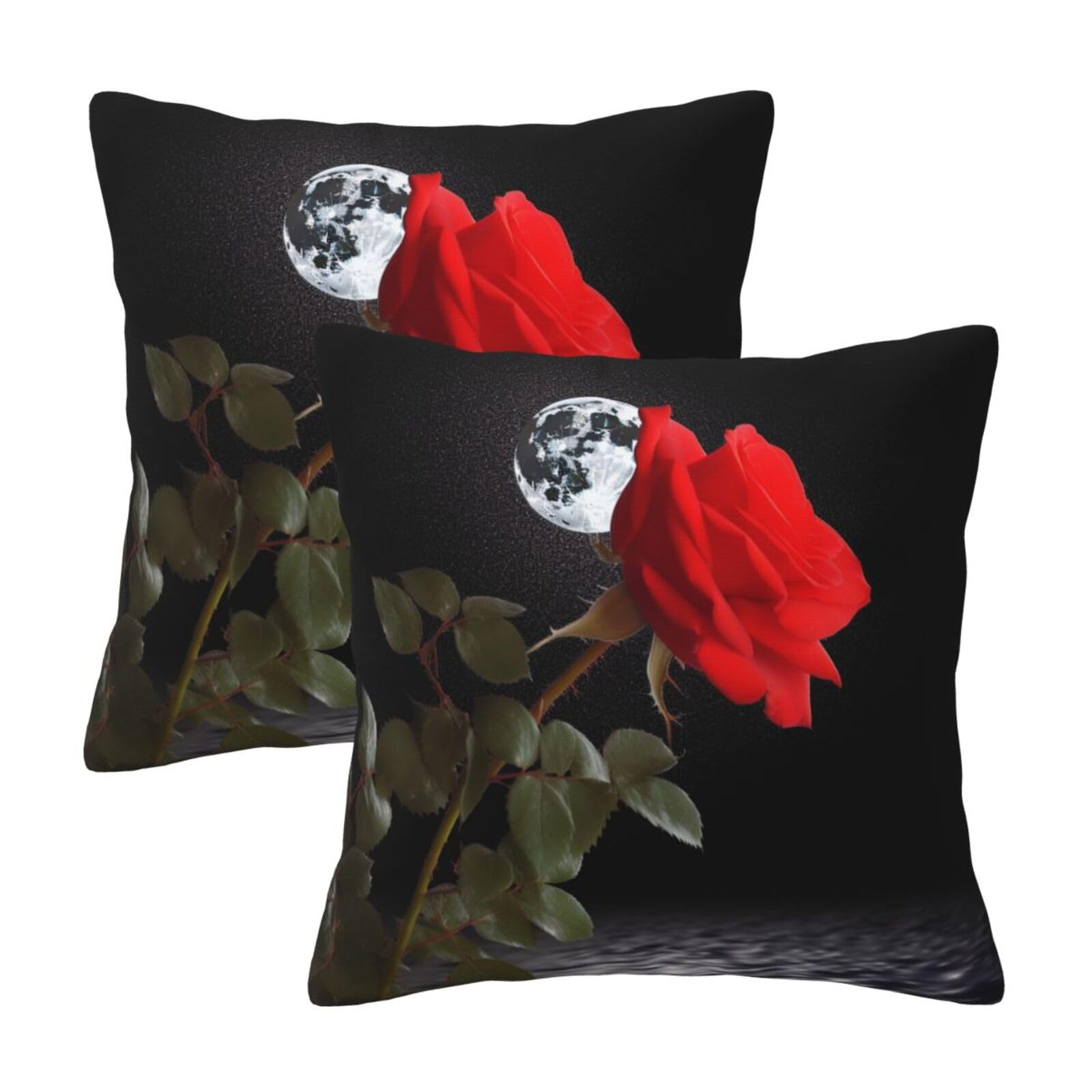 Red Rose Under Moon Throw Pillow Cases 2 Pack Square Pillowcases Soft Pillow Protectors for Couch Livingroom Sofa Bed Office Car,30x30 CM